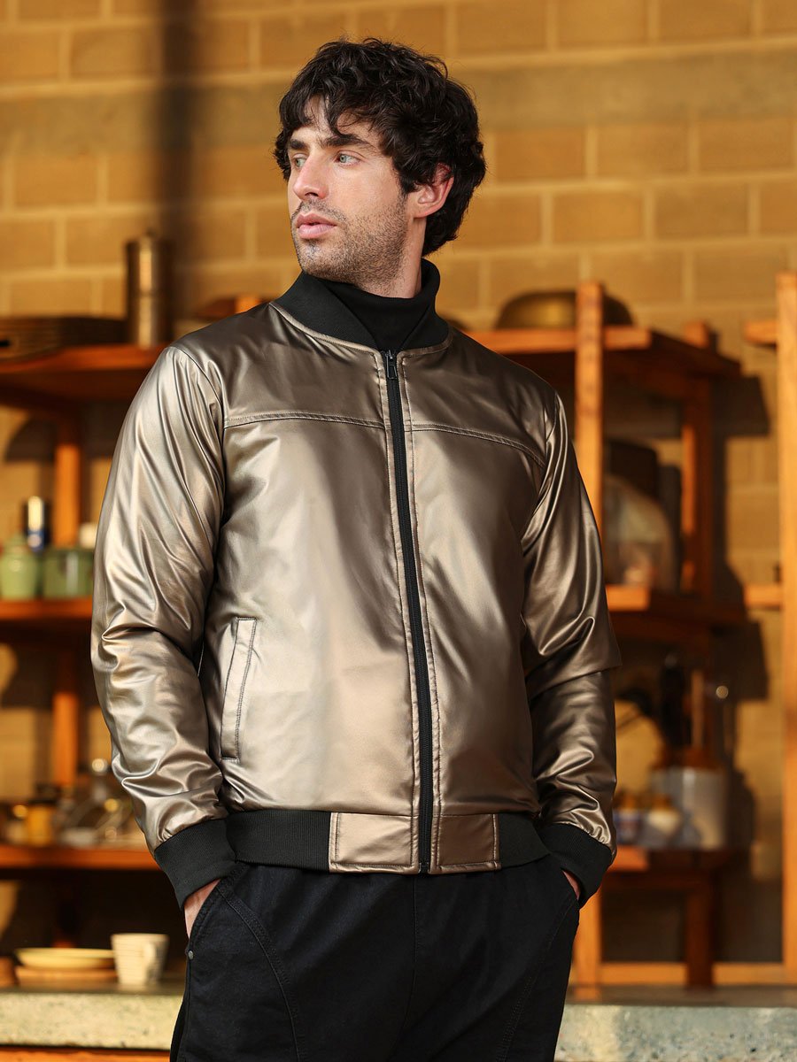 Men Bronze Patent-Panel Bomber Jacket