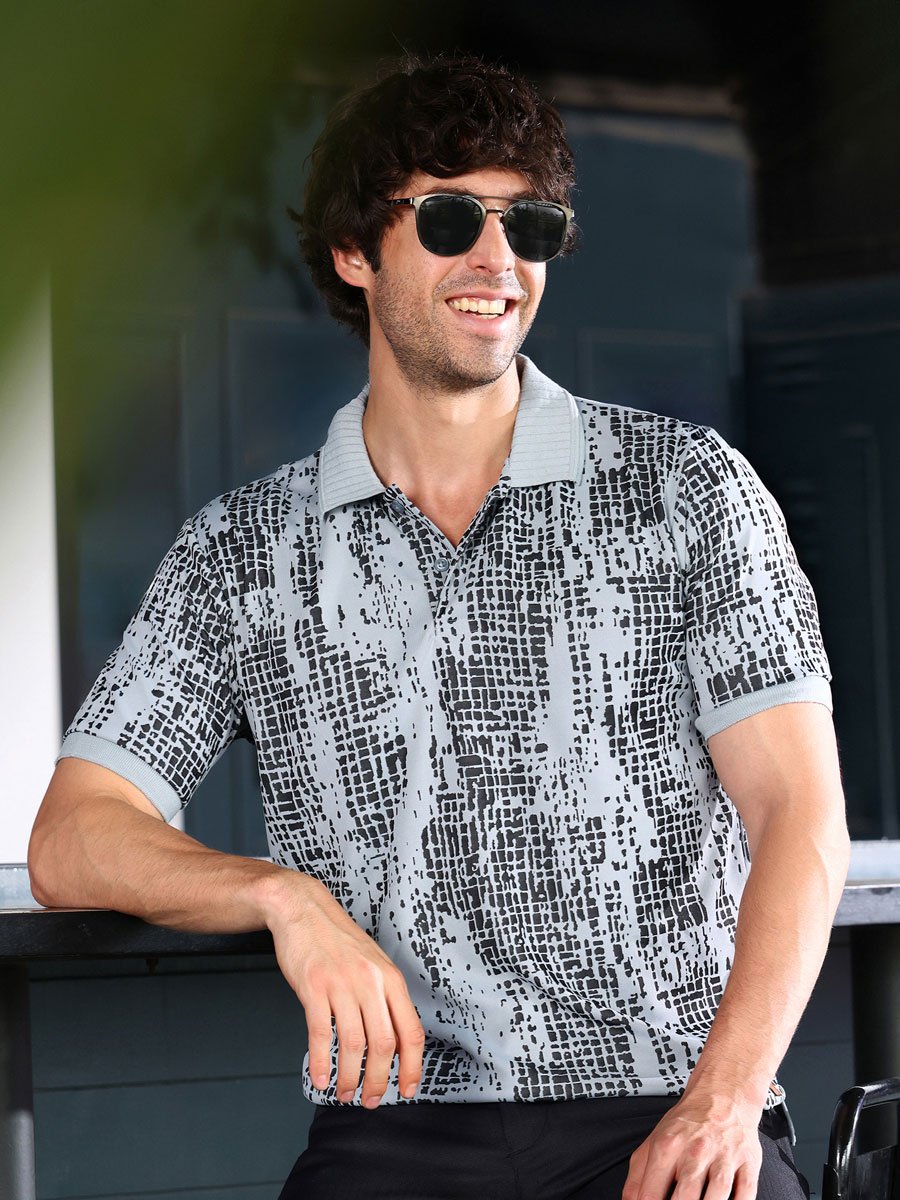 Men Coin Grey Gravel Print Polo