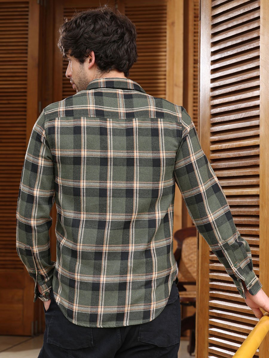 Men Jungle Green Button-Down Shadow-Plaid Shirt