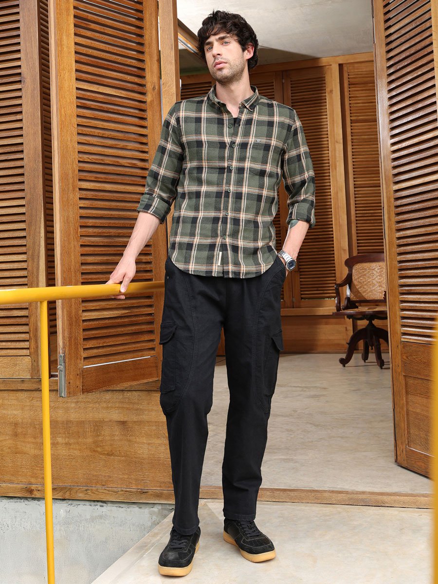 Men Jungle Green Button-Down Shadow-Plaid Shirt