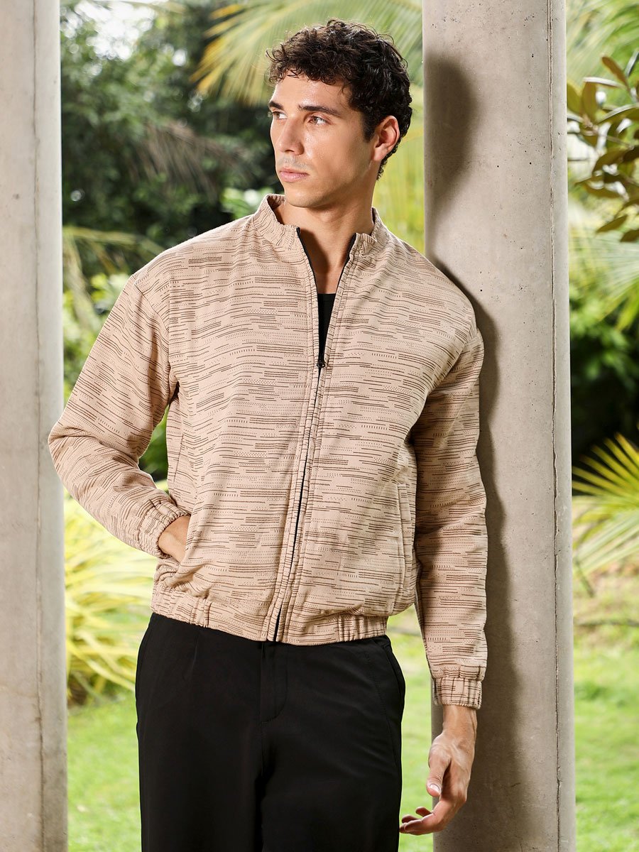 Men Beige Lined-Jacquard Bomber Jacket