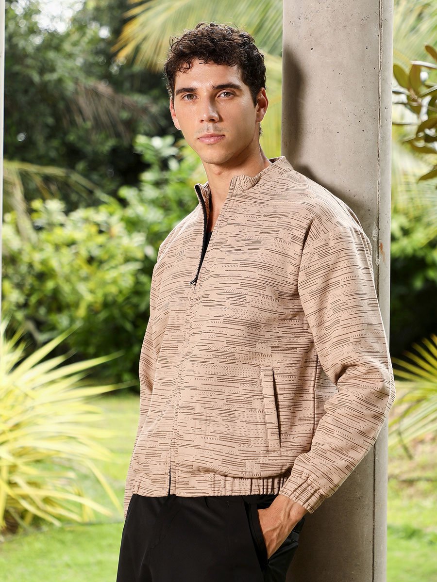 Men Beige Lined-Jacquard Bomber Jacket