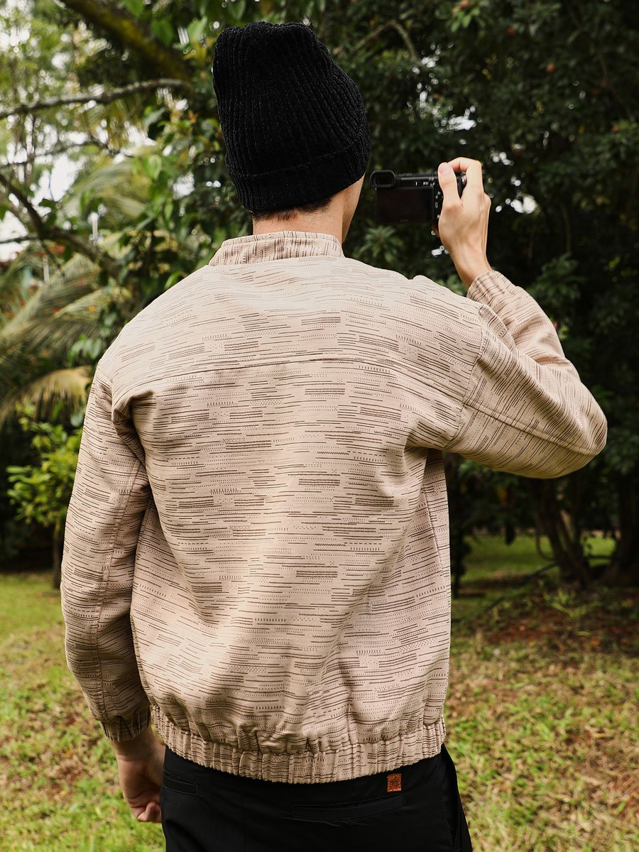 Men Beige Lined-Jacquard Bomber Jacket