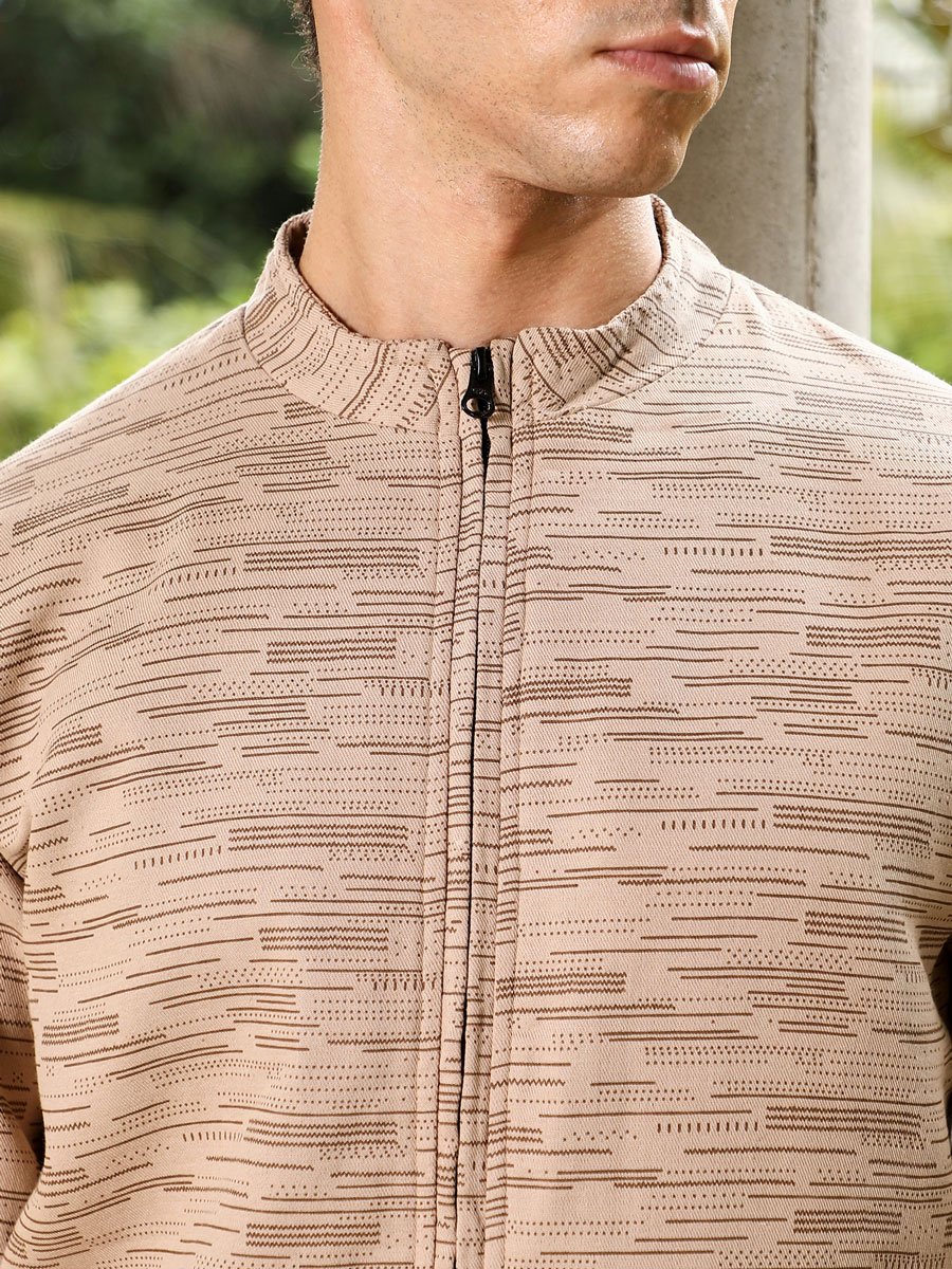 Men Beige Lined-Jacquard Bomber Jacket