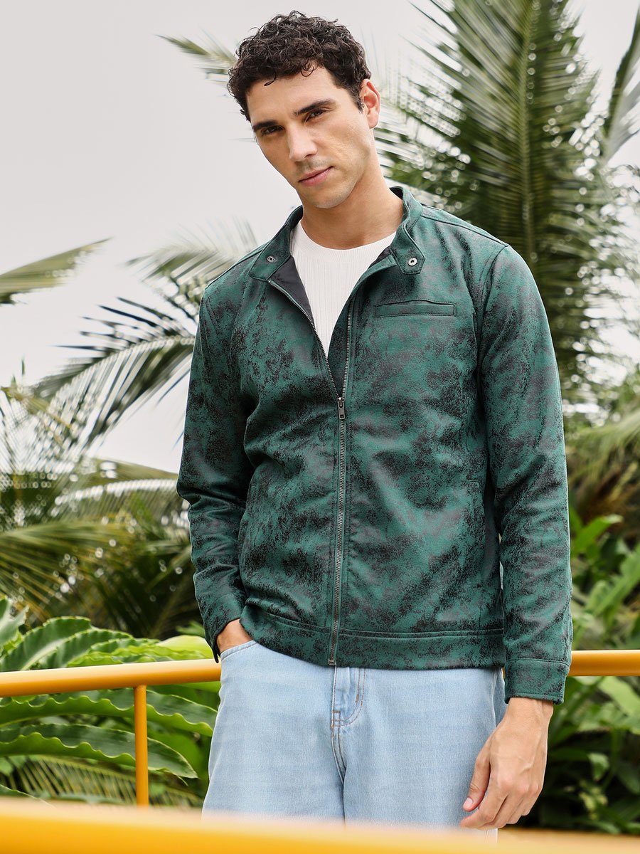 Men Emerald Green Embossed-Suede Rider Jacket