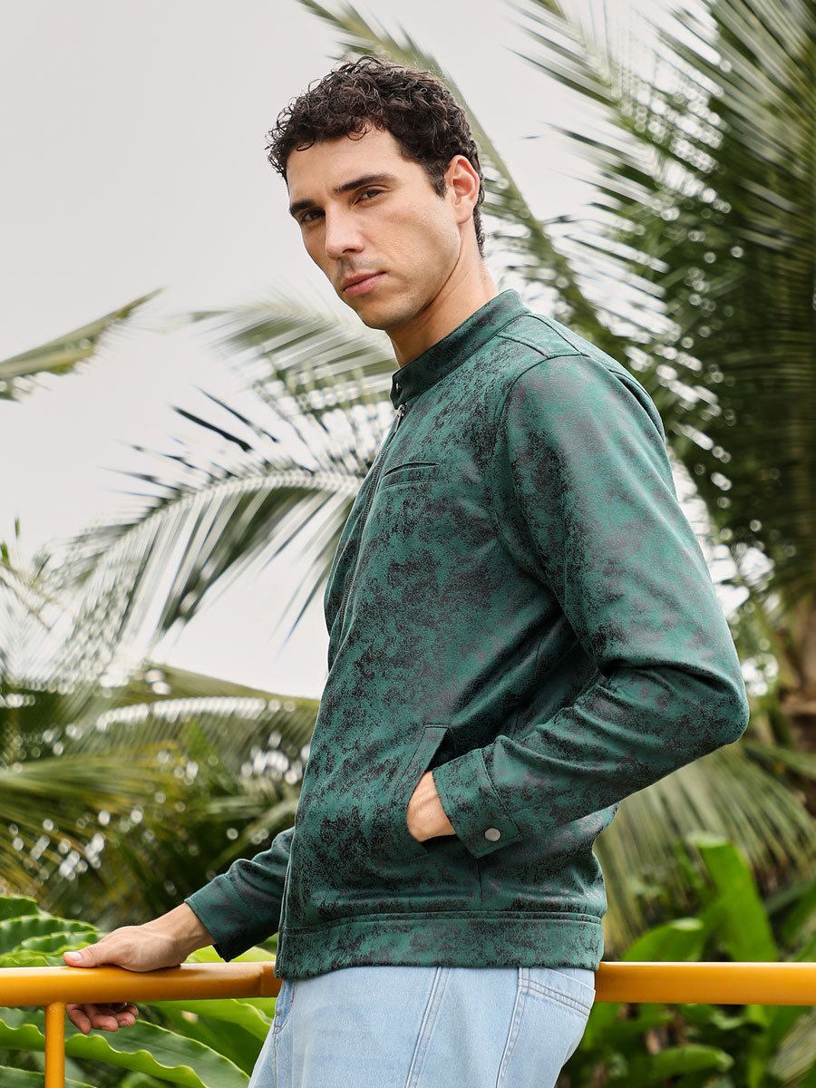 Men Emerald Green Embossed-Suede Rider Jacket