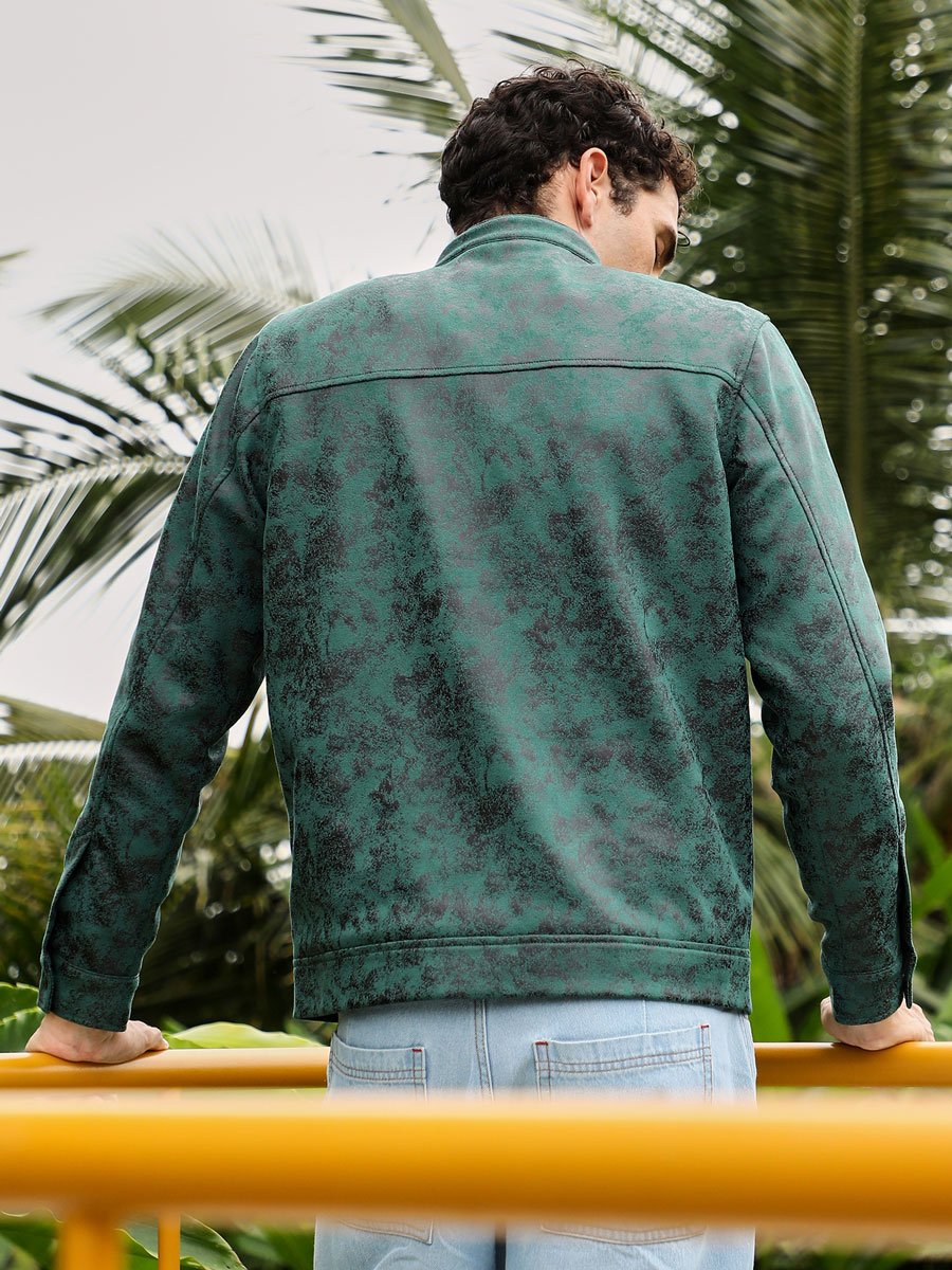 Men Emerald Green Embossed-Suede Rider Jacket