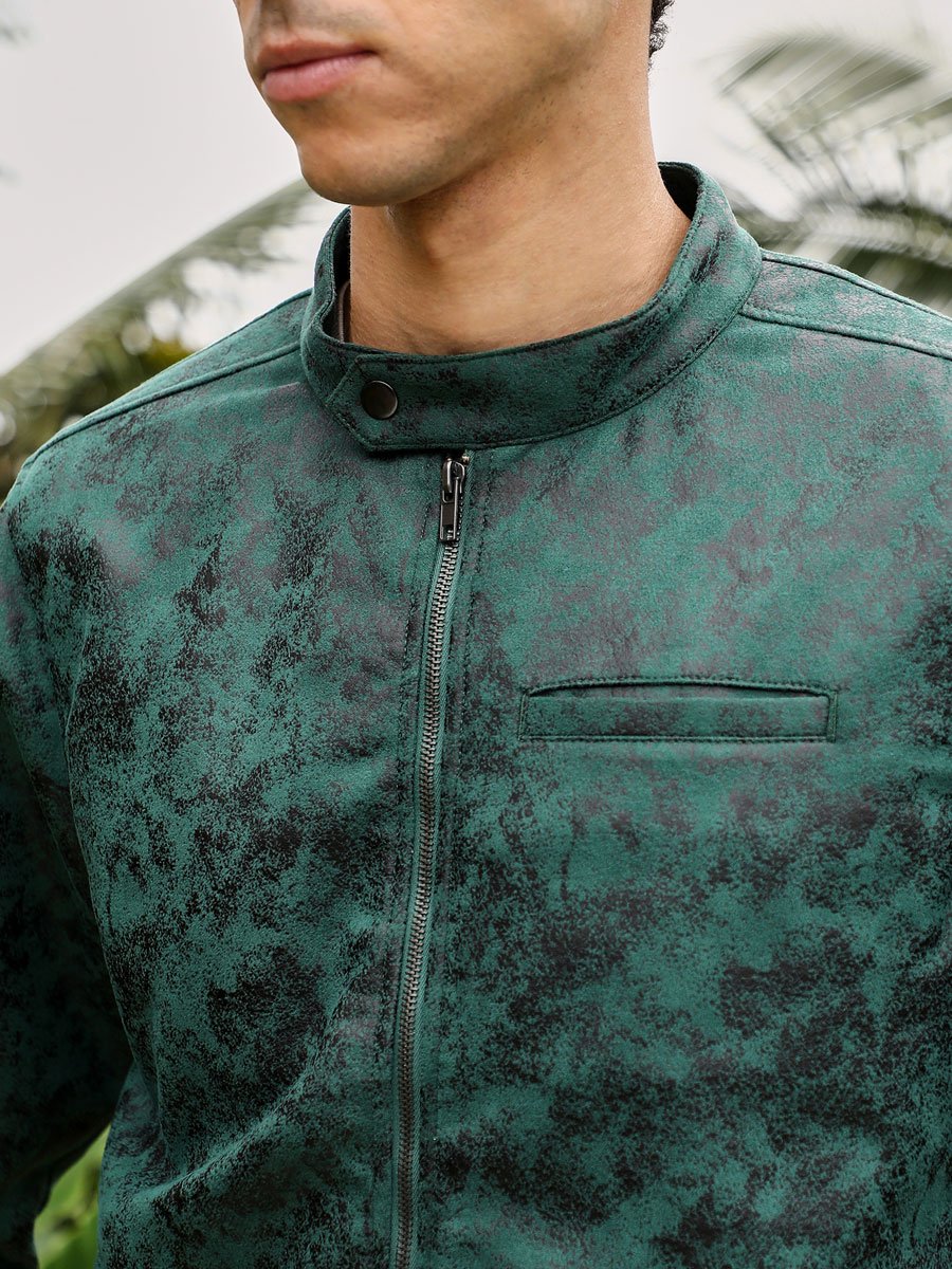 Men Emerald Green Embossed-Suede Rider Jacket