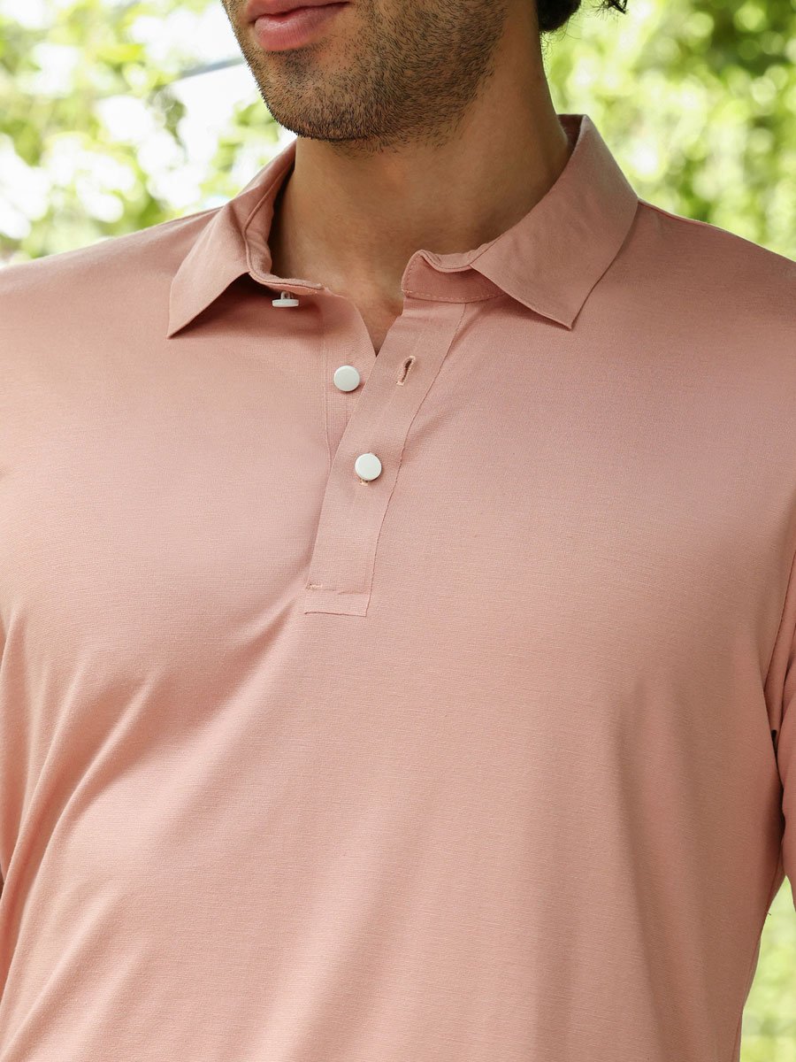 Men Peach Seamless Ribbed Polo T-Shirt