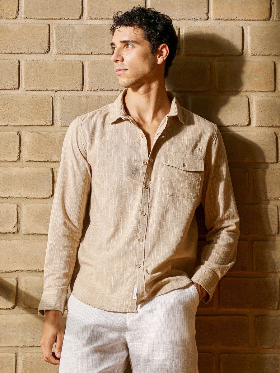 Men Sand Beige Thread-Jacquard Shirt