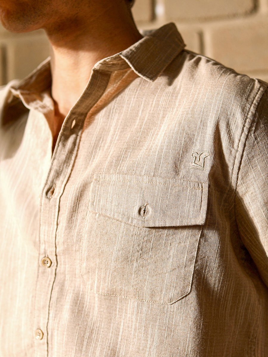 Men Sand Beige Thread-Jacquard Shirt
