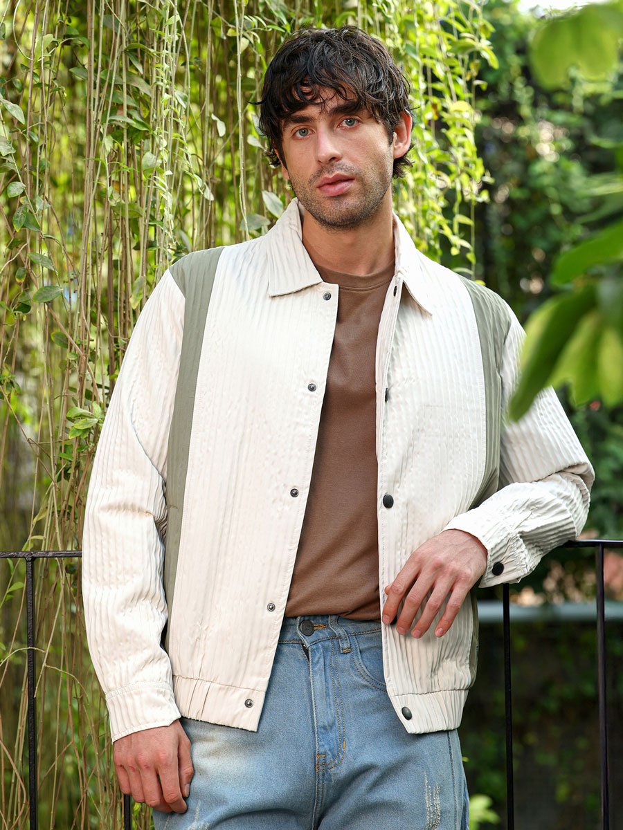 Men White Panelled Crease-Tactile Jacket