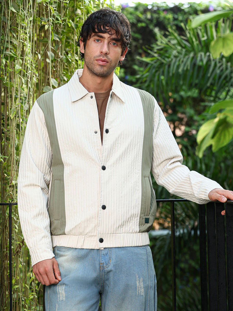 Men White Panelled Crease-Tactile Jacket