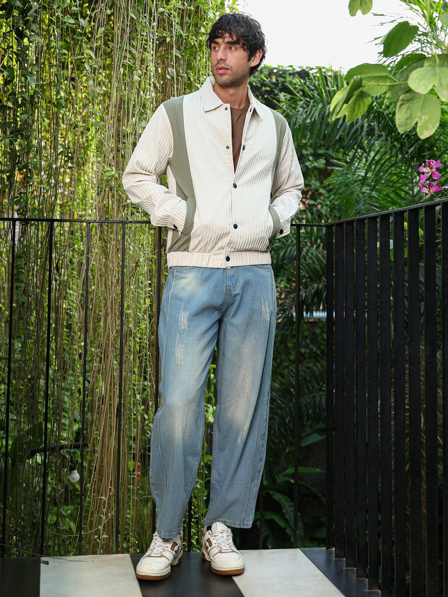 Men White Panelled Crease-Tactile Jacket