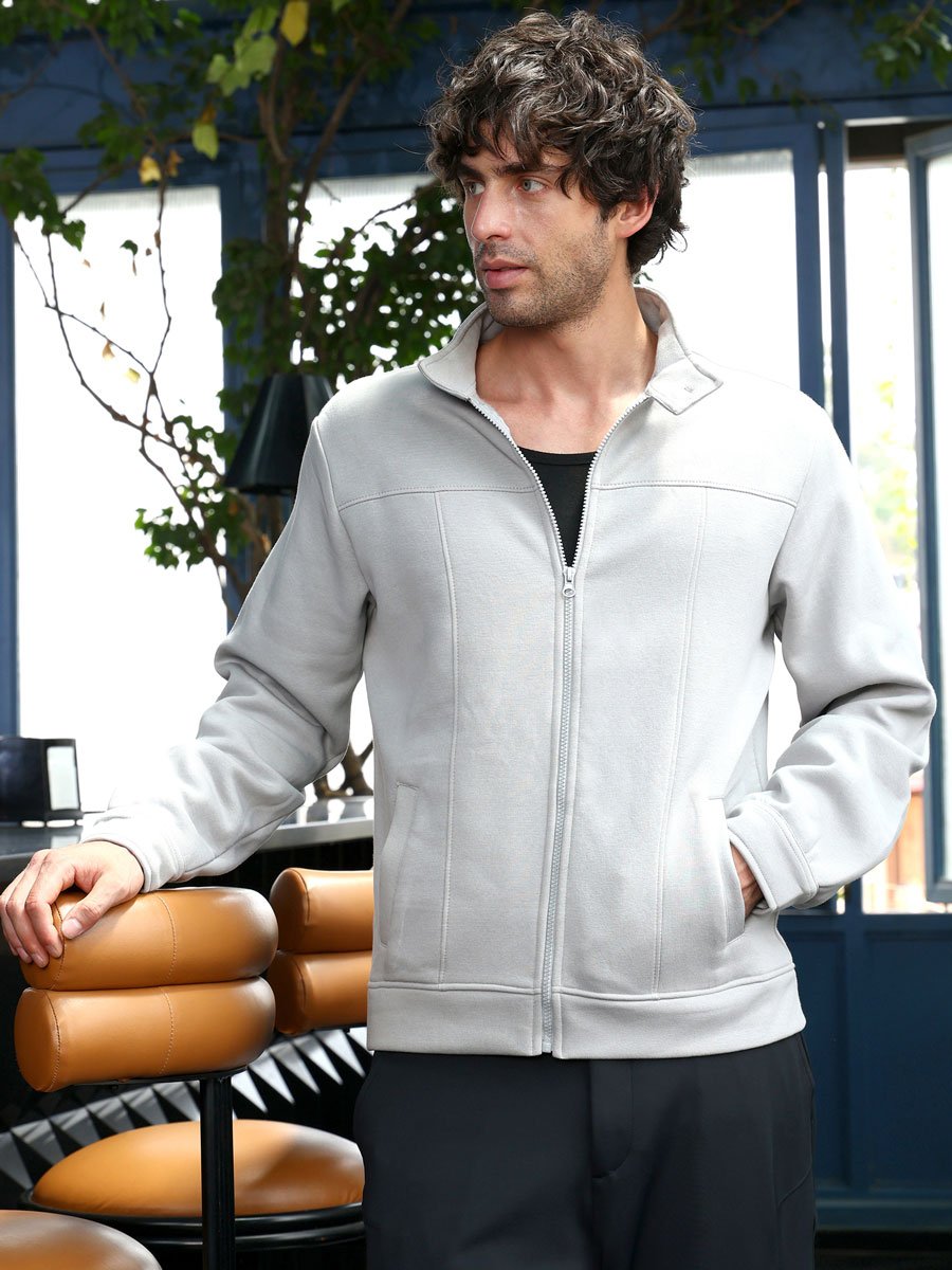 Men Grey Panel-Stitch Knit Jacket