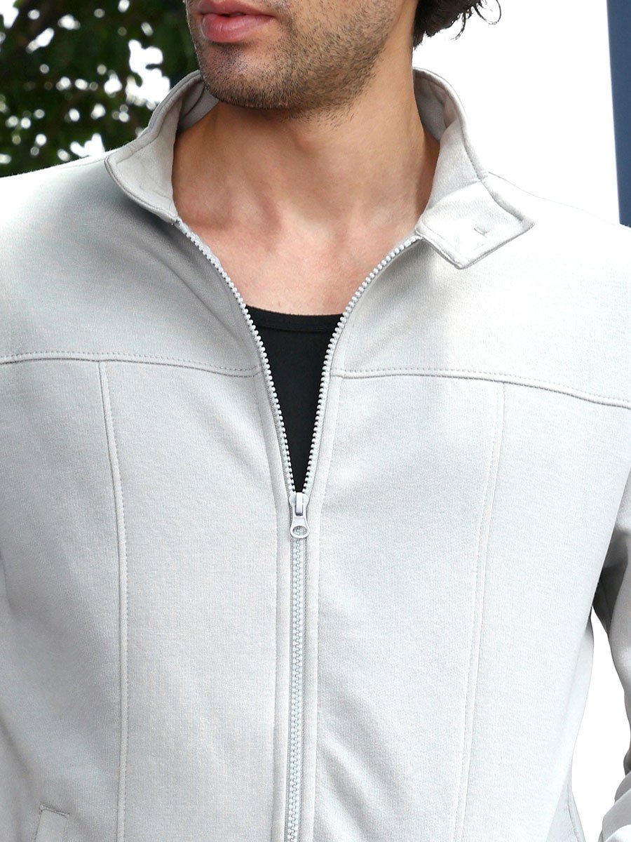 Men Grey Panel-Stitch Knit Jacket