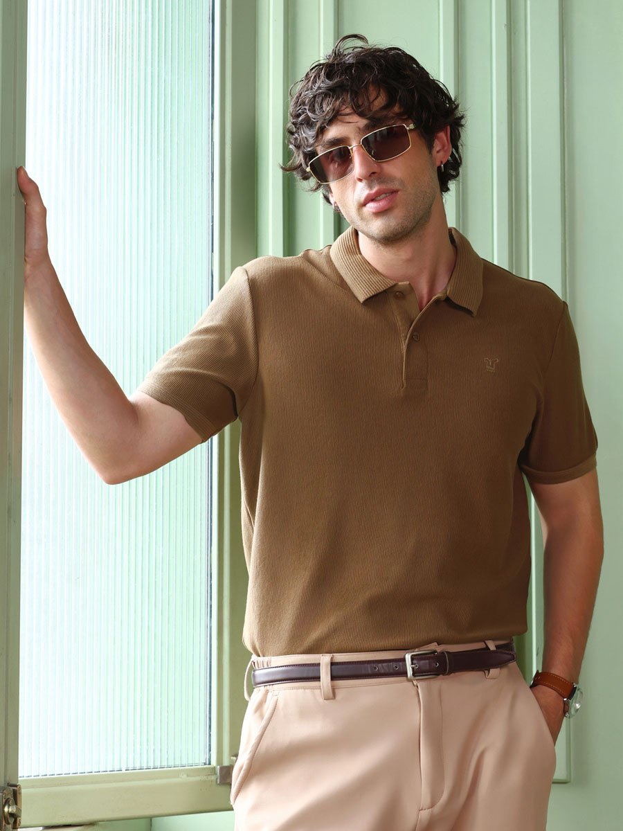 Men Mocha Brown Solid-Ribbed Polo