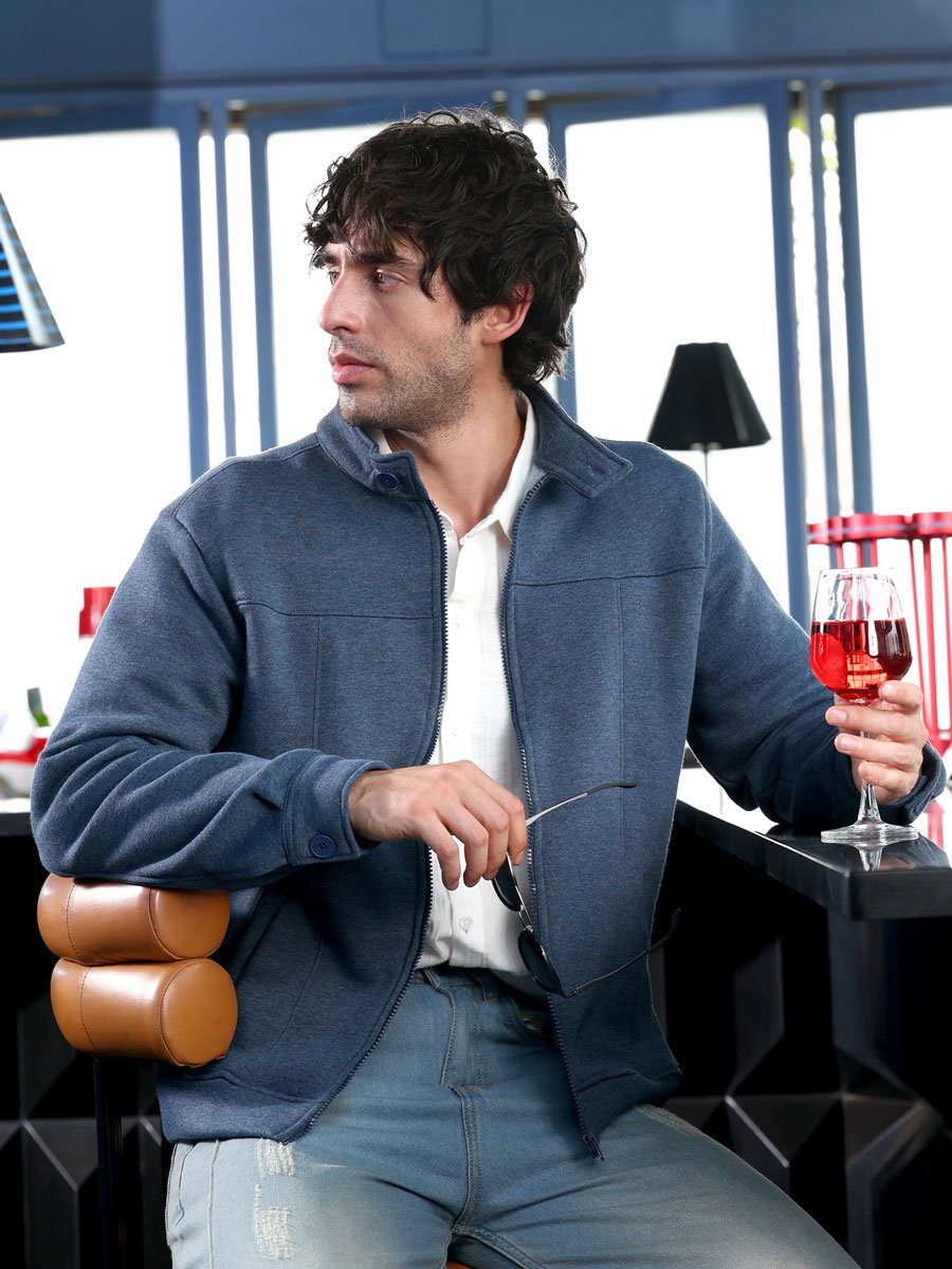 Men Blue Panel-Stitch Knit Jacket