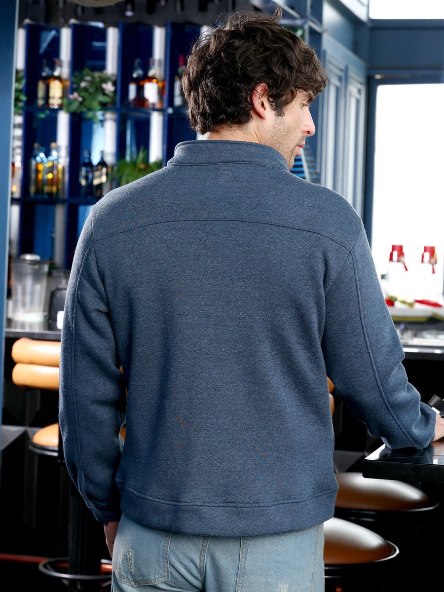 Men Blue Panel-Stitch Knit Jacket