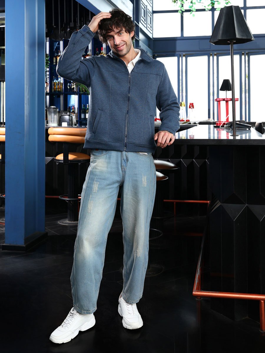 Men Blue Panel-Stitch Knit Jacket