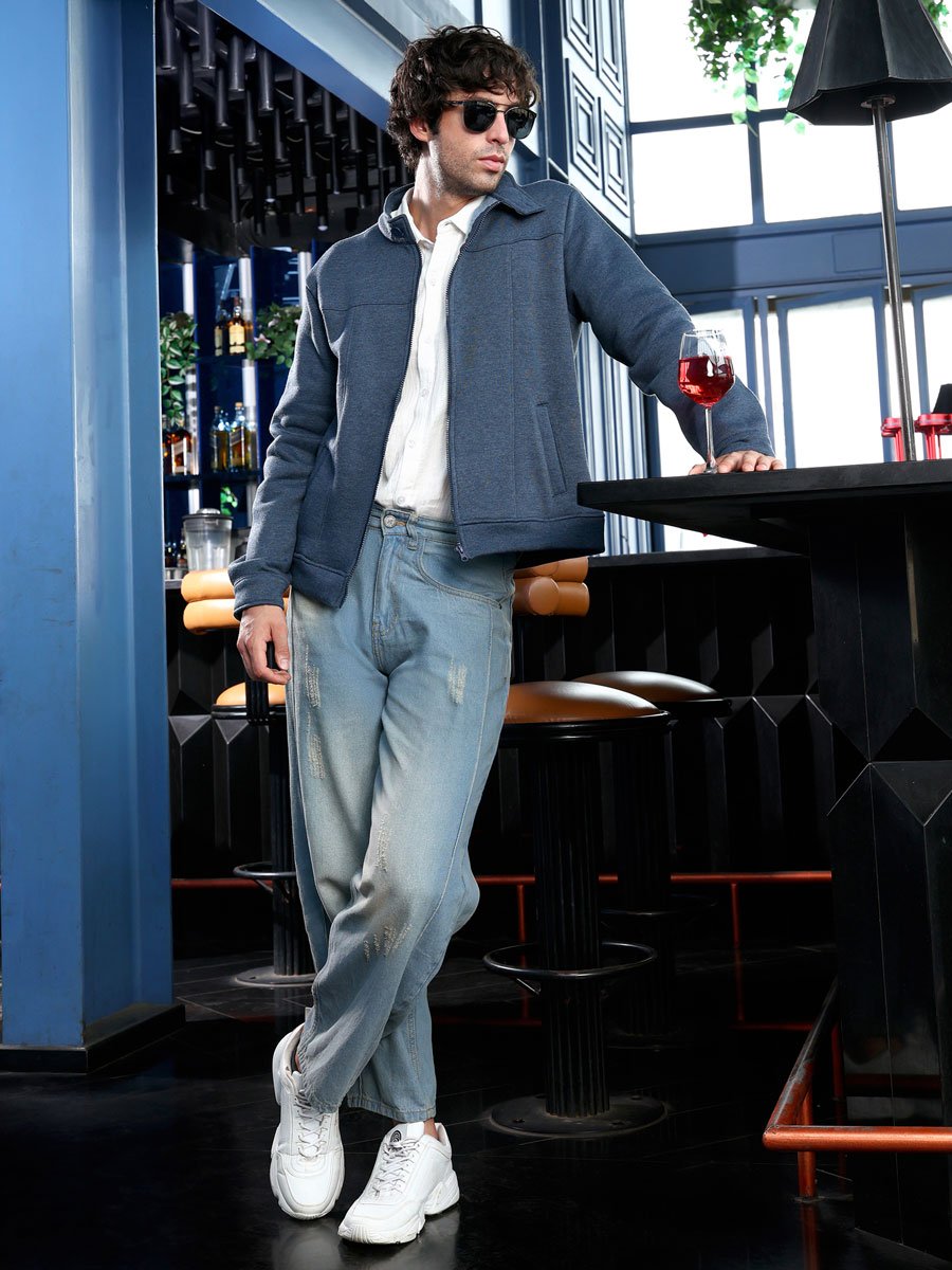 Men Blue Panel-Stitch Knit Jacket
