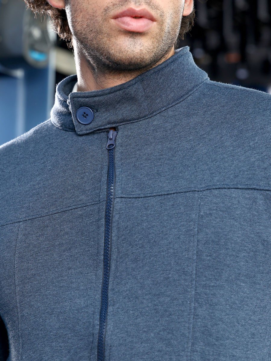 Men Blue Panel-Stitch Knit Jacket