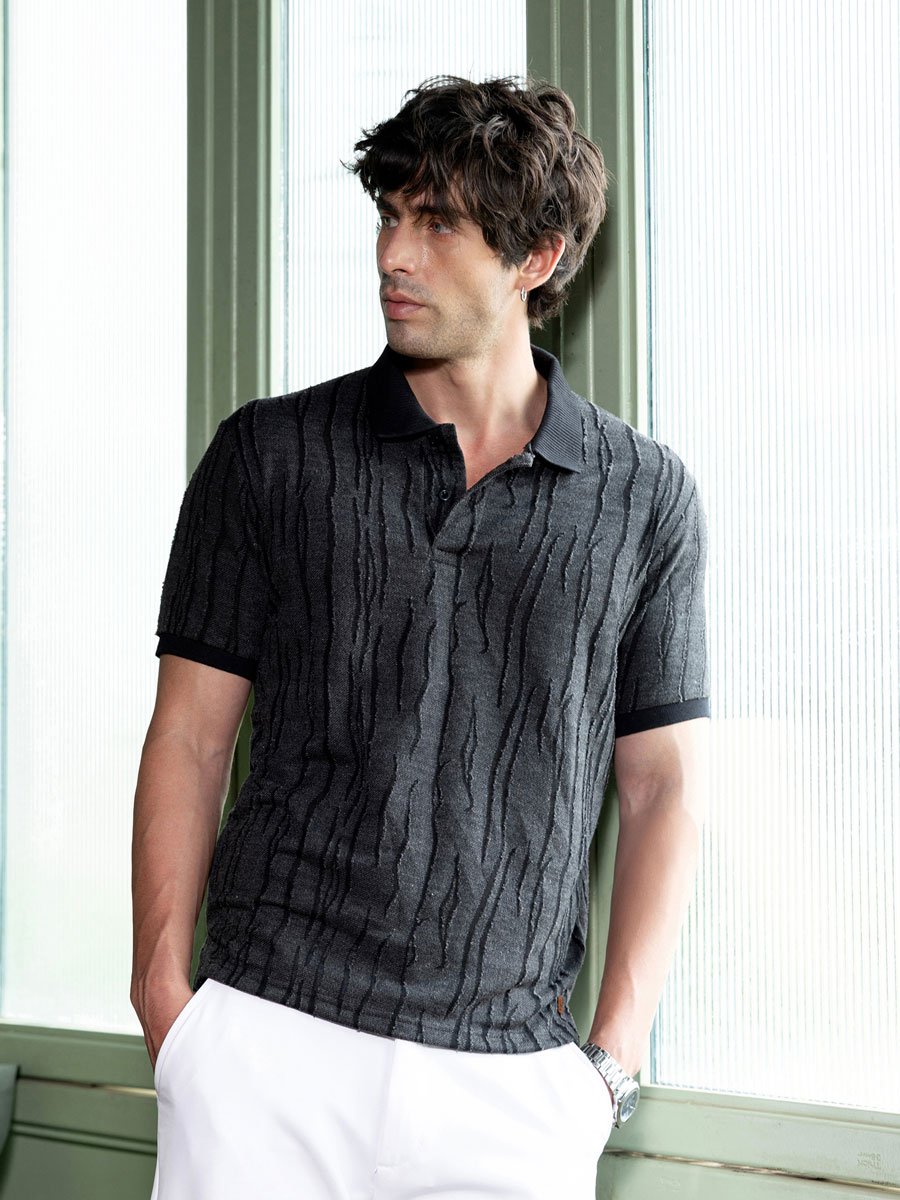 Men Black Textured-Jacquard Polo