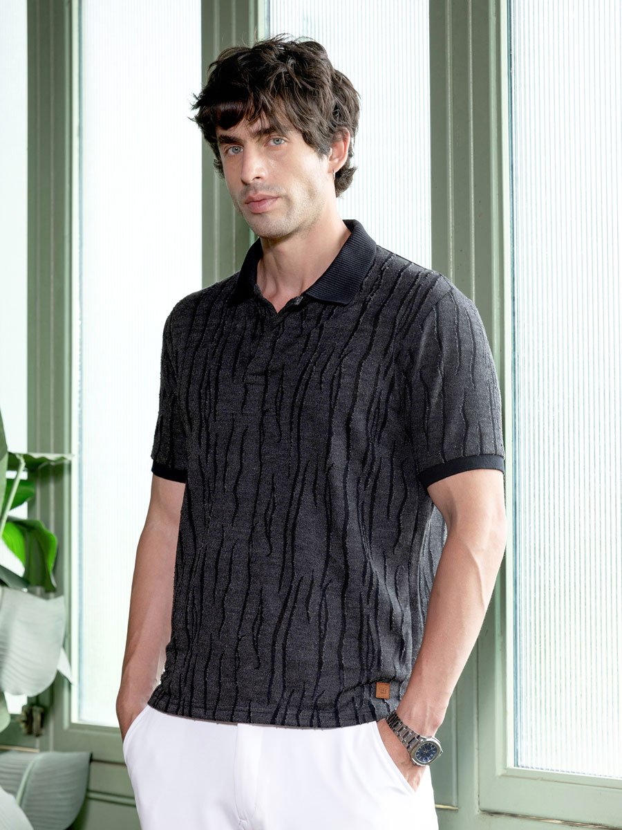 Men Black Textured-Jacquard Polo