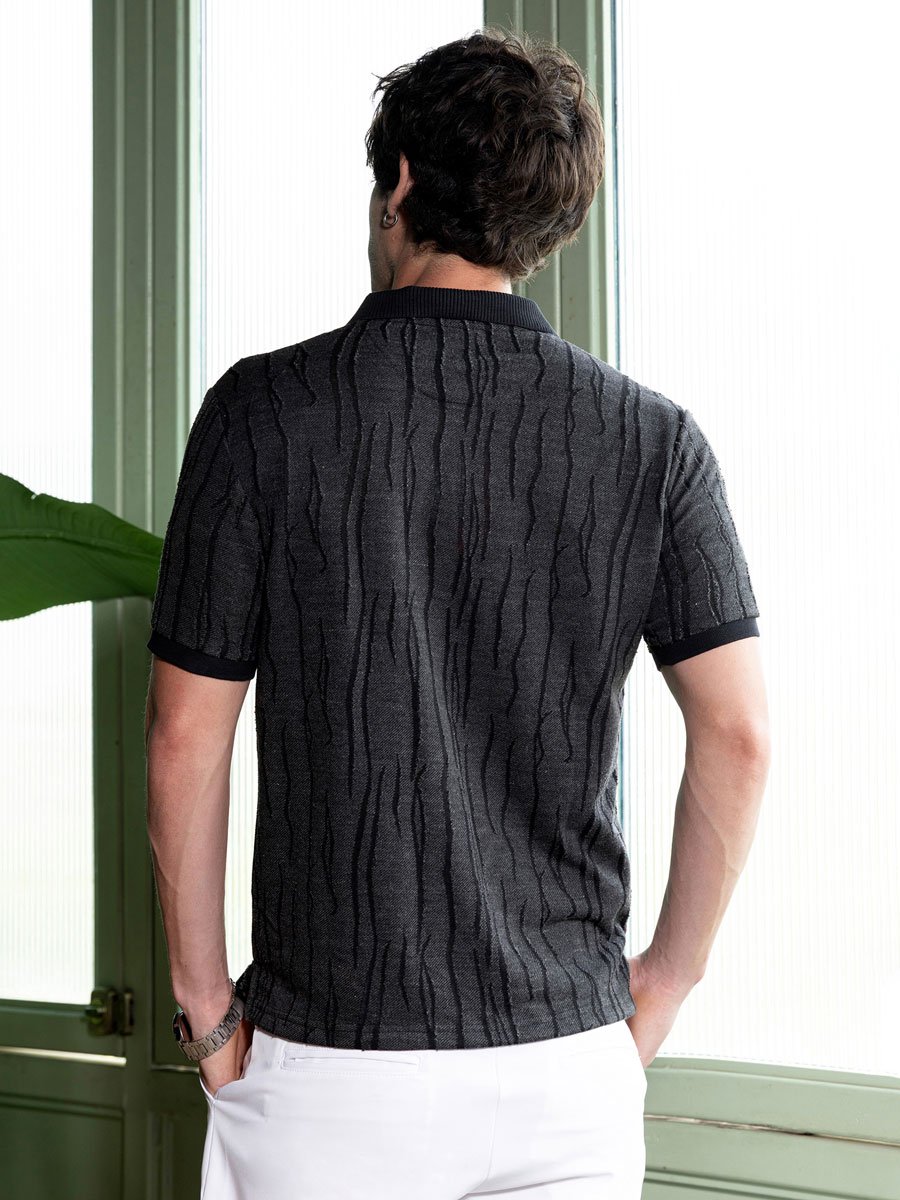 Men Black Textured-Jacquard Polo