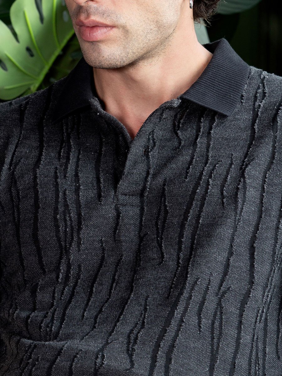 Men Black Textured-Jacquard Polo