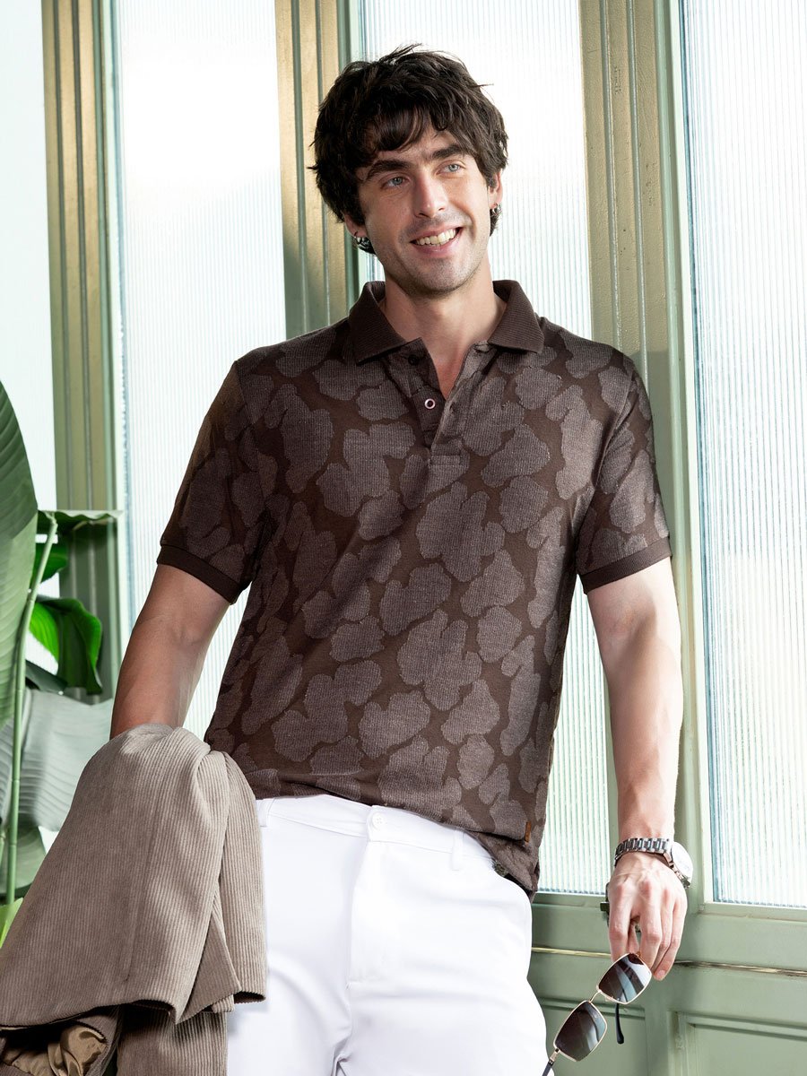 Men Brown Textured Jacquard Polo