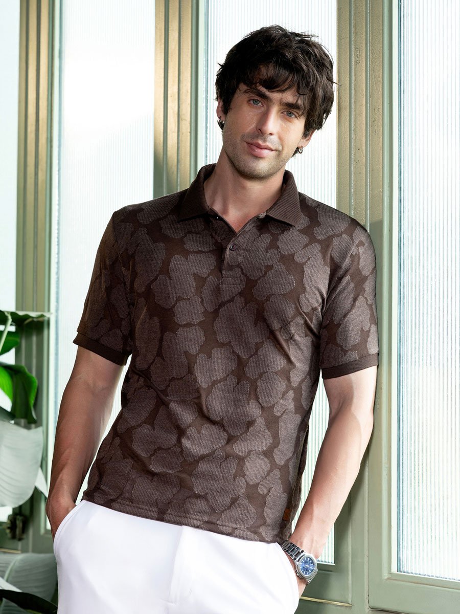 Men Brown Textured Jacquard Polo
