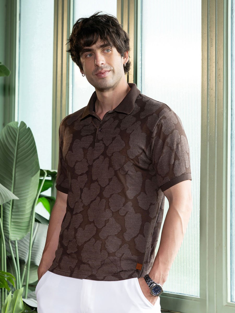 Men Brown Textured Jacquard Polo