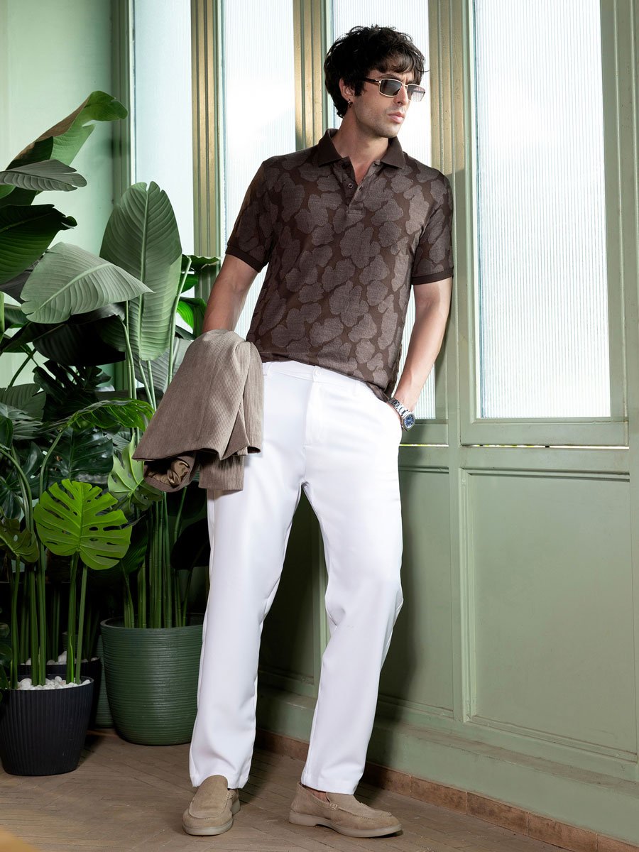 Men Brown Textured Jacquard Polo