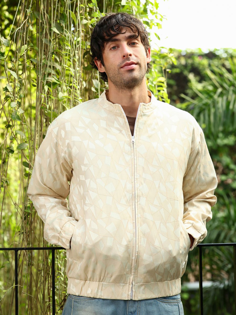Men Cream Jacquard Bomber Jacket