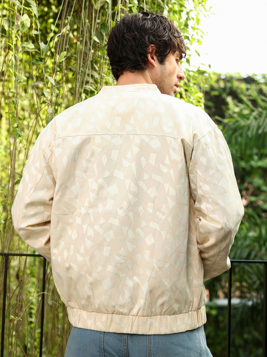 Men Cream Jacquard Bomber Jacket