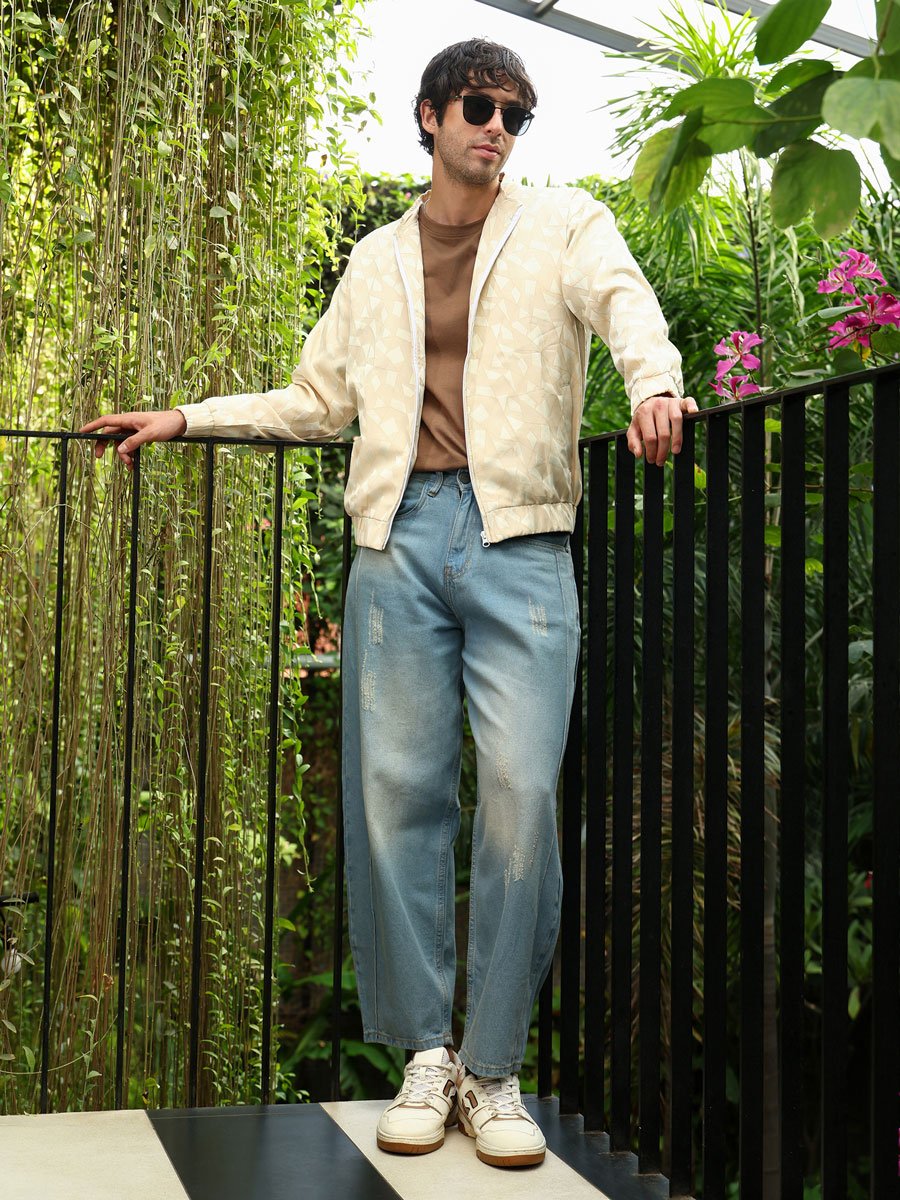Men Cream Jacquard Bomber Jacket