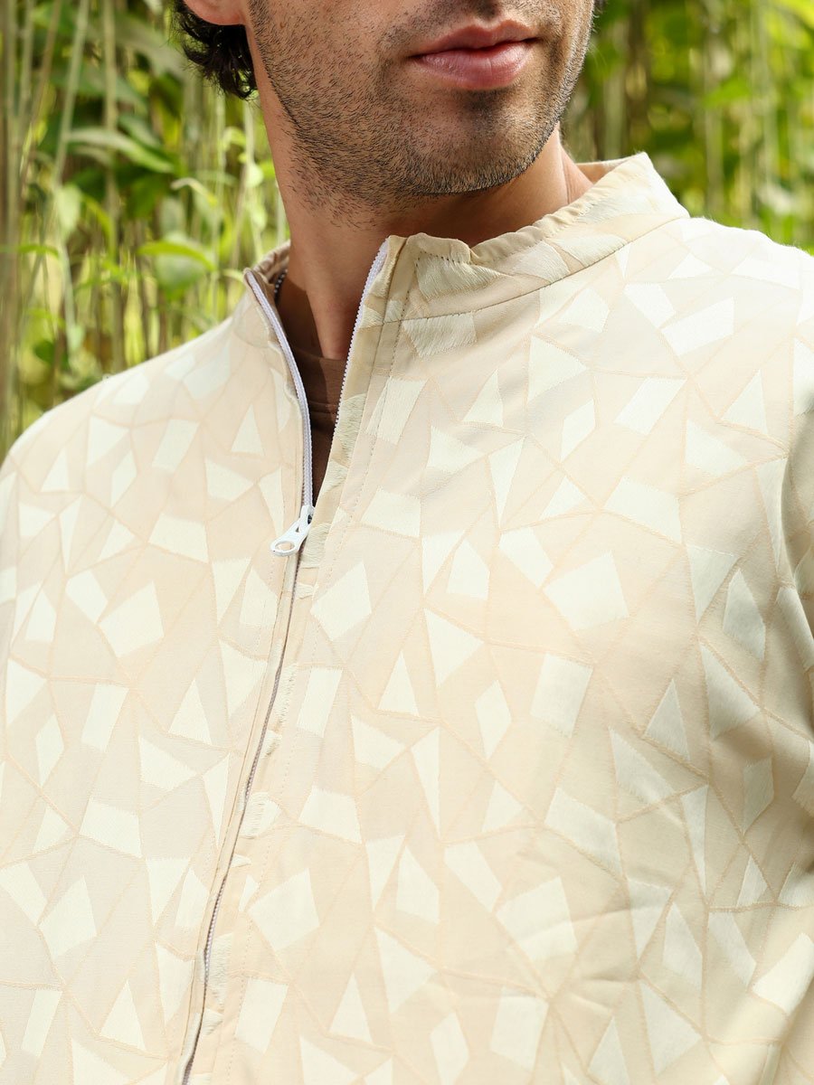 Men Cream Jacquard Bomber Jacket