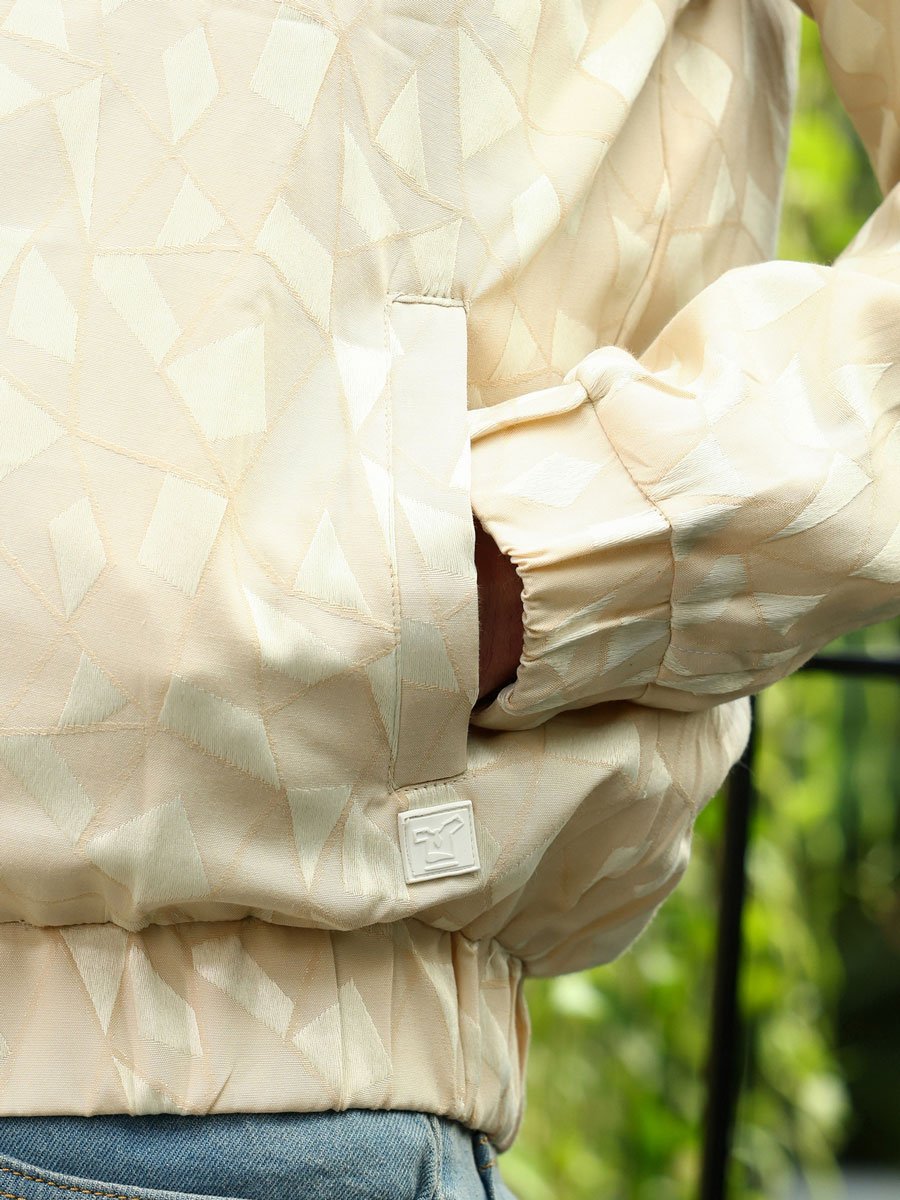 Men Cream Jacquard Bomber Jacket