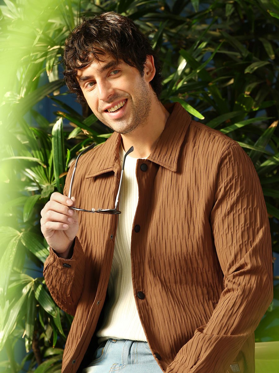 Men Brown Crease-Tactile Bomber Jacket