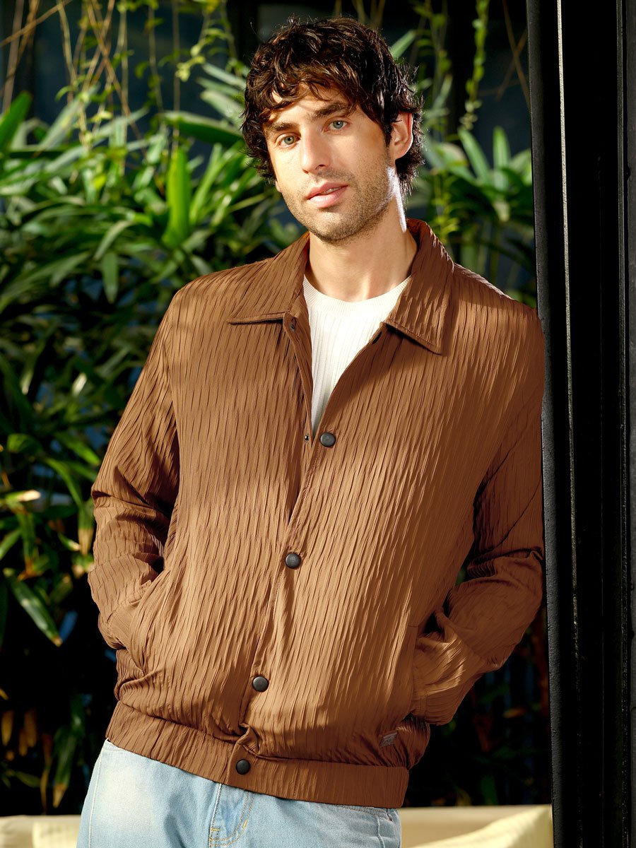 Men Brown Crease-Tactile Bomber Jacket