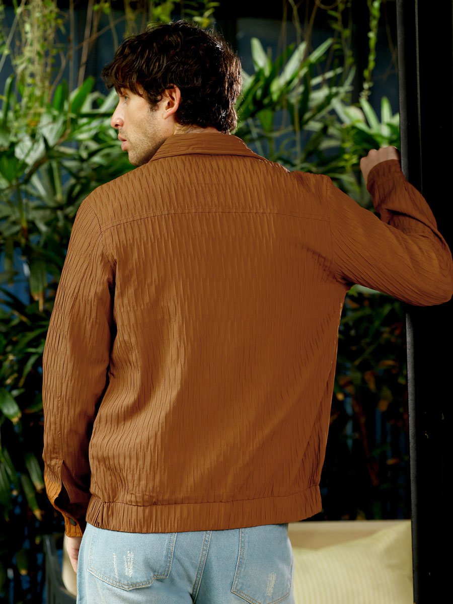 Men Brown Crease-Tactile Bomber Jacket