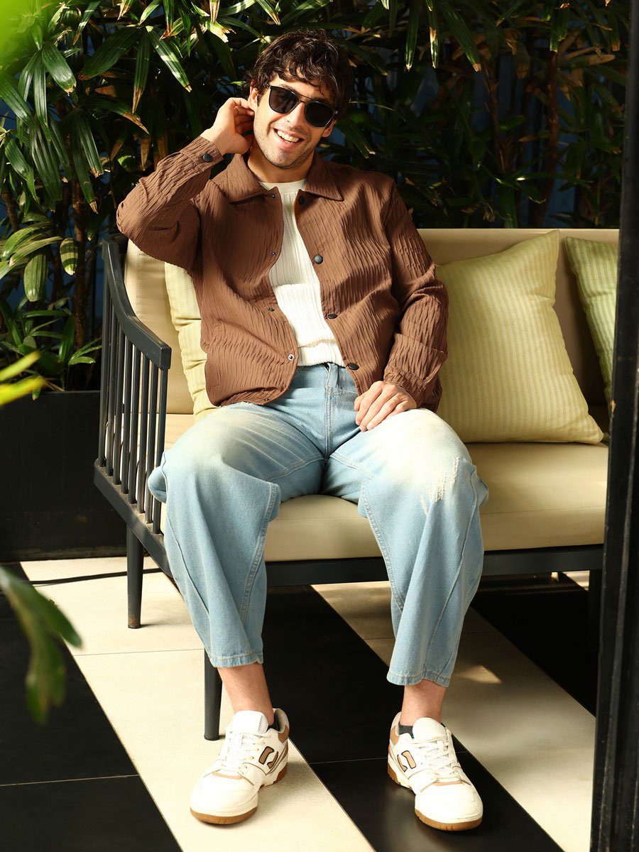 Men Brown Crease-Tactile Bomber Jacket