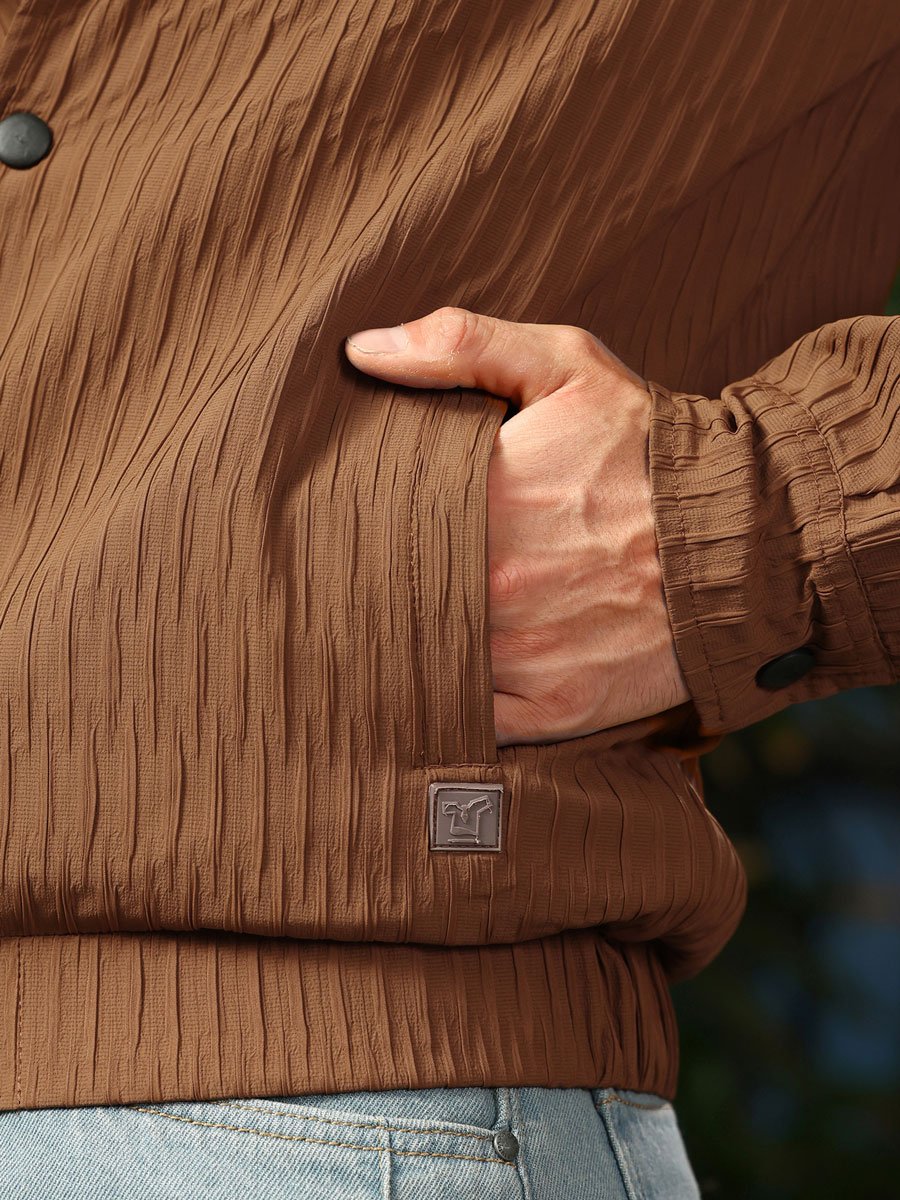 Men Brown Crease-Tactile Bomber Jacket