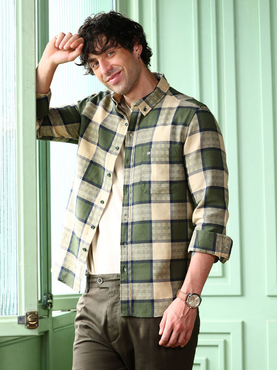 Men Sacramento Green Button-Down Block-Check Shirt