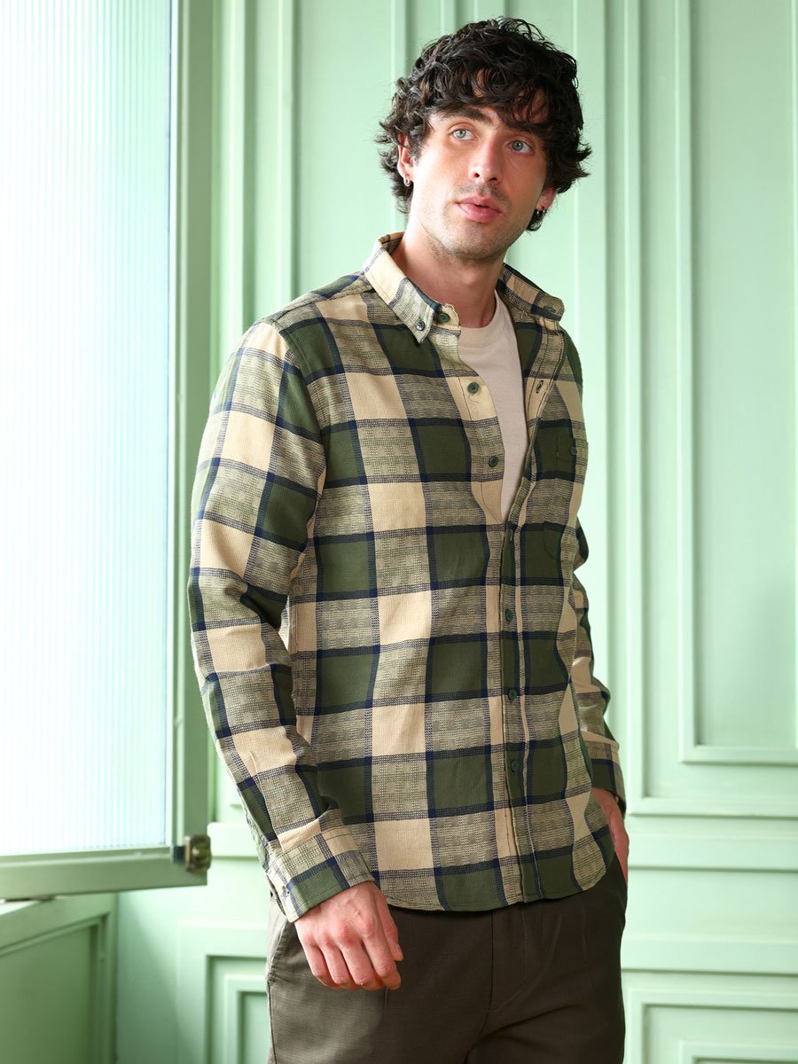 Men Sacramento Green Button-Down Block-Check Shirt