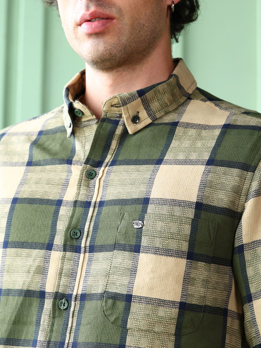 Men Sacramento Green Button-Down Block-Check Shirt
