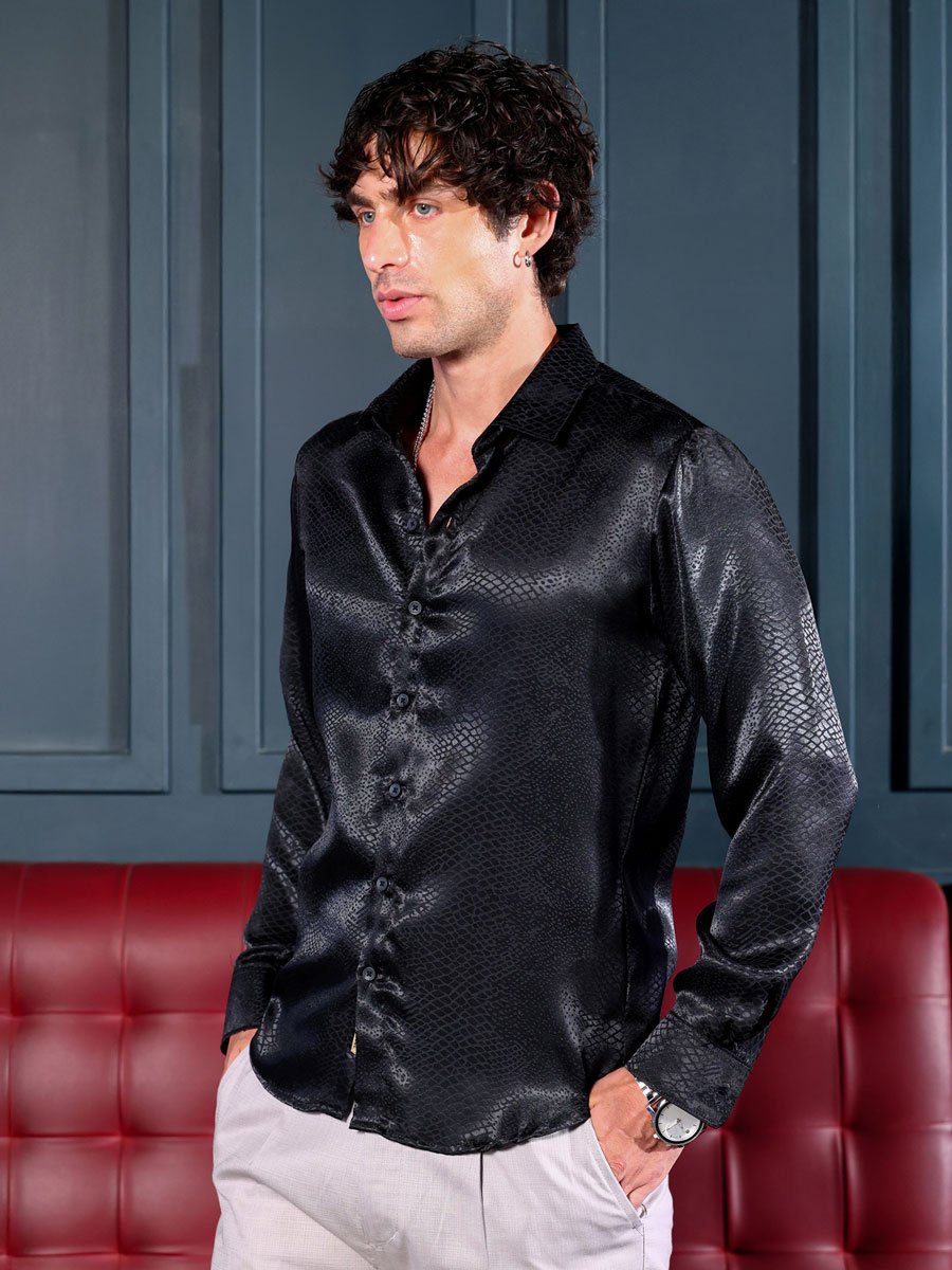 Men Onyx Black Reptilia Satin-Jacquard Shirt