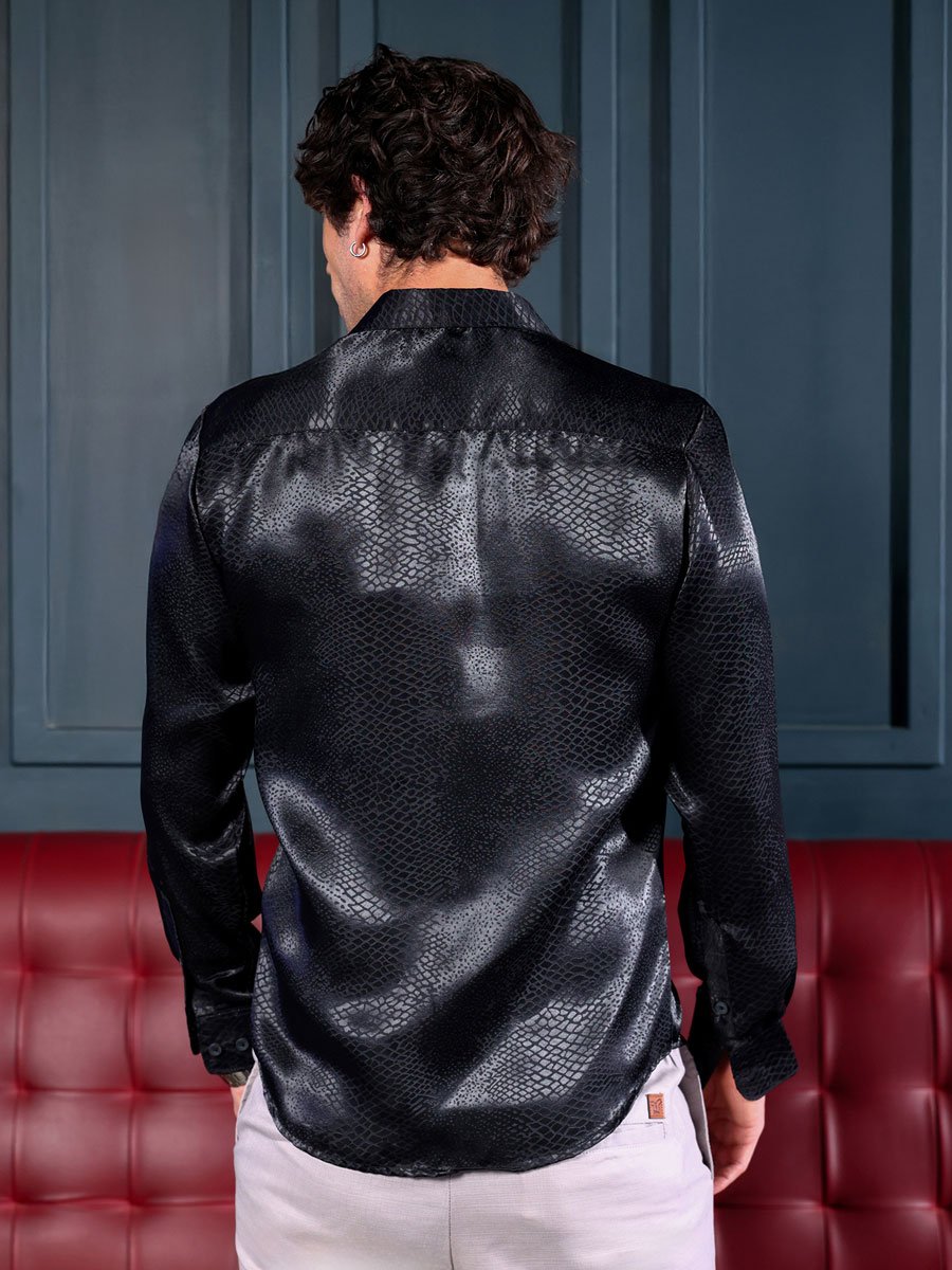 Men Onyx Black Reptilia Satin-Jacquard Shirt