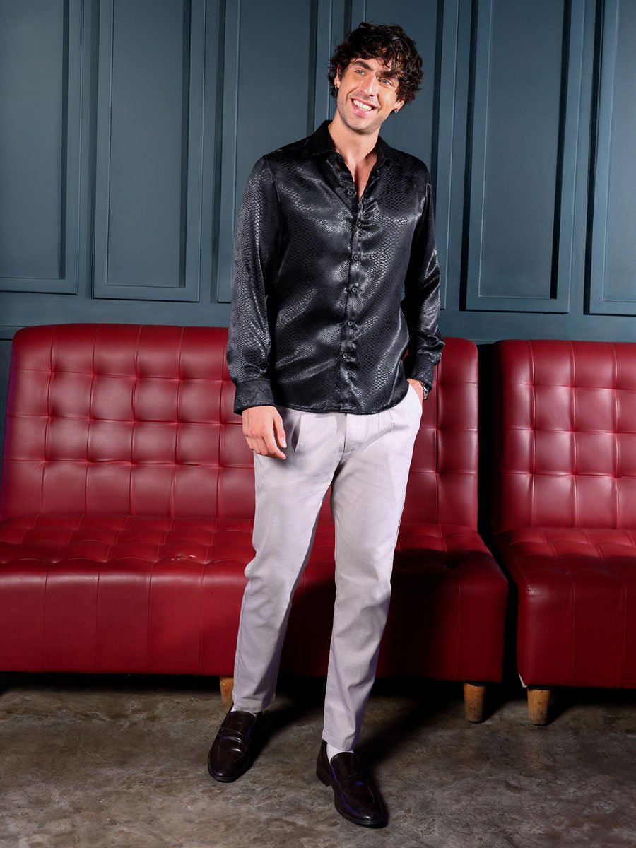 Men Onyx Black Reptilia Satin-Jacquard Shirt